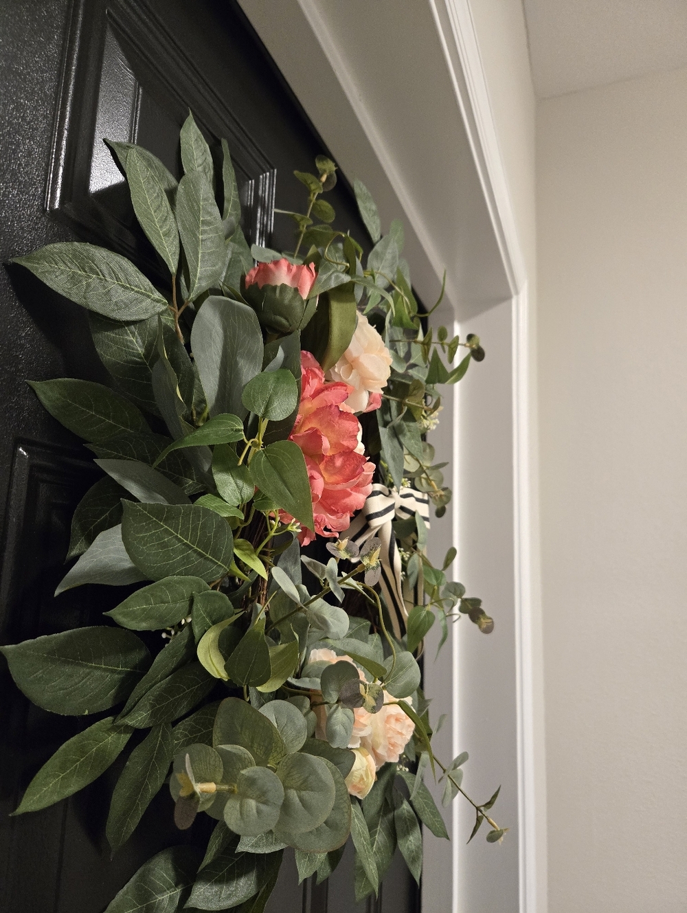 Spring Everyday Wreath  with Pink Peony, Renunculus, Greenery, and Striped Bow - Picture 5 of 5